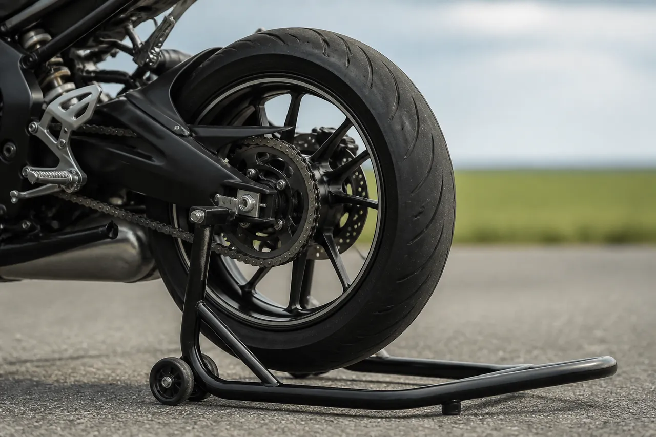 Moto sur béquille arrière pour graisser la chaîne