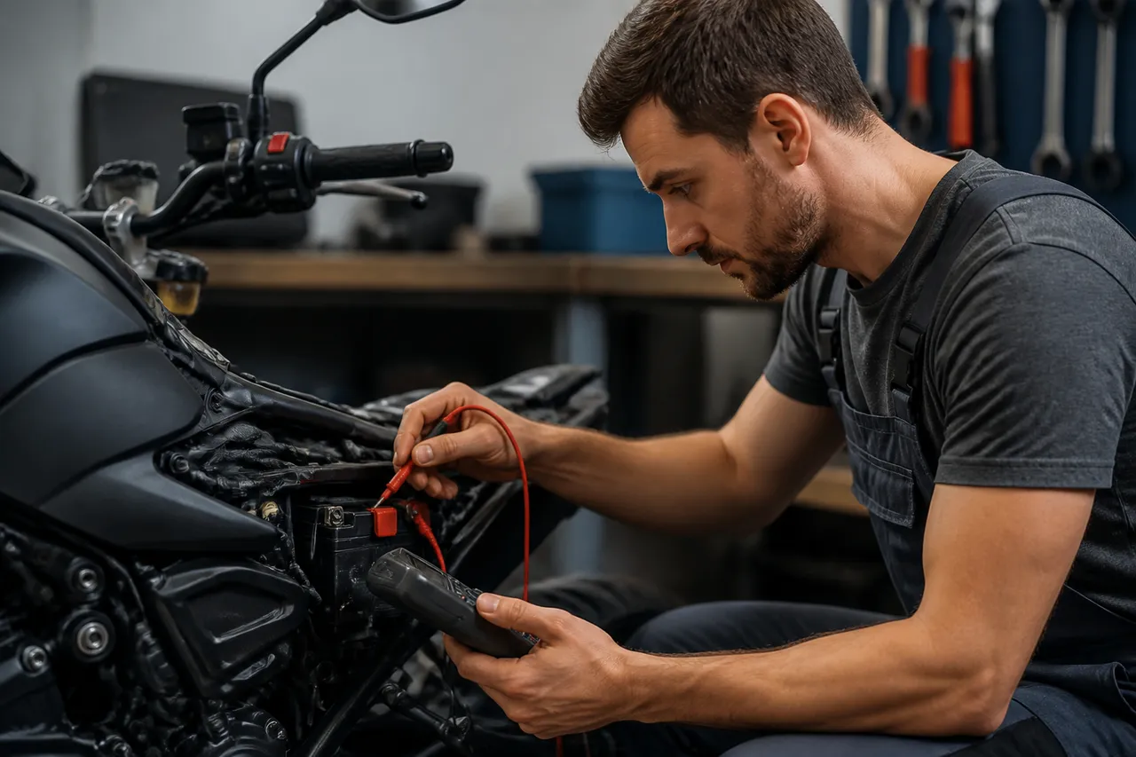 Vérification de la charge d'une batterie de moto moteur tournant