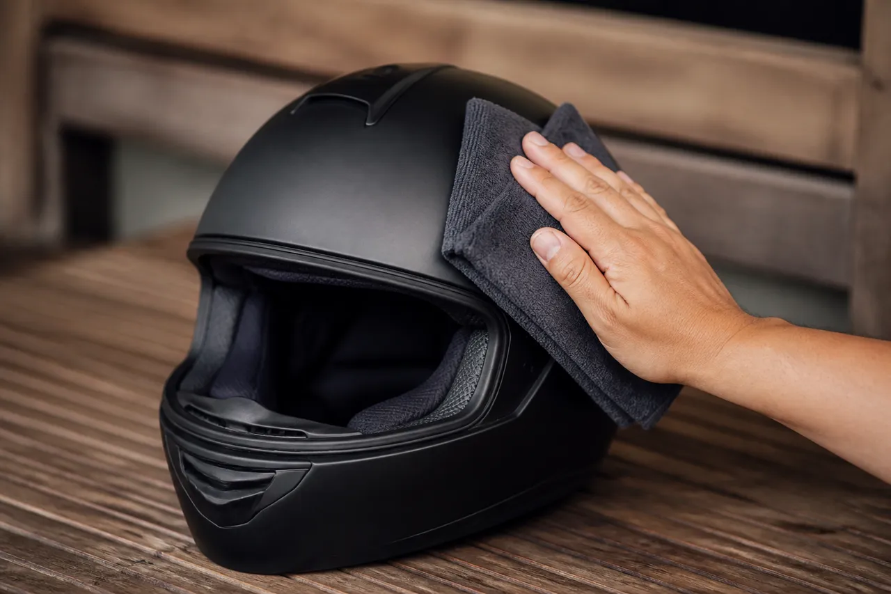Nettoyage de la coque d'un casque de moto au chiffon doux
