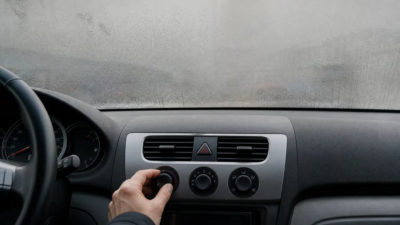 Pare-brise embué et commandes de désembuage dans la voiture